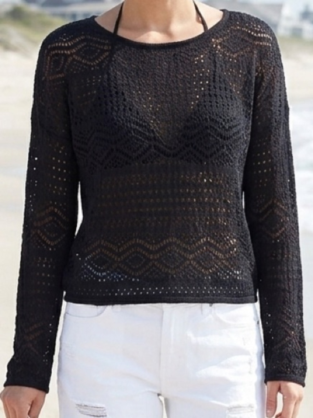 Pointelle Knit V-Neck Top Cover Up Crochet M/L Beachey Resort Vacation Cruise